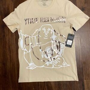 True Religion Tan Short Sleeve Tee with Artistic Design